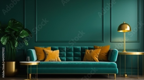 Modern living room in emerald colors