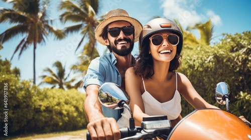 Happy young couple riding a moped in a tropical country