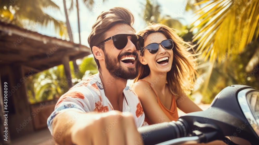 Happy young couple riding a moped in a tropical country Happy young couple riding a moped in a tropical country