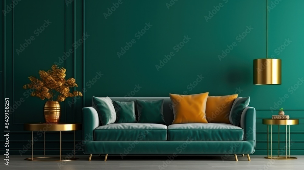 Modern living room in emerald colors