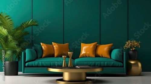 Modern living room in emerald colors