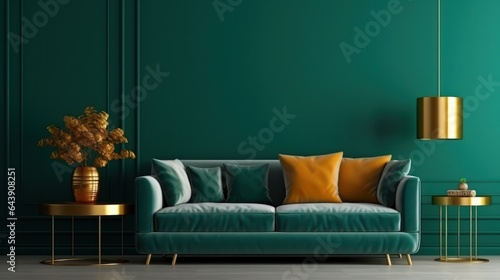 Modern living room in emerald colors