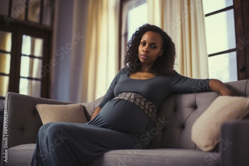 Pregnant woman sitting at home.