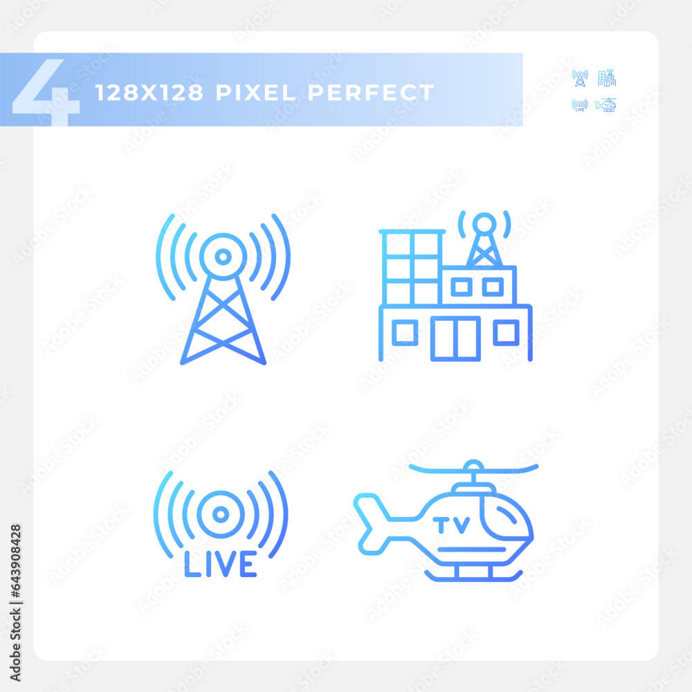 Pixel perfect gradient simple icons collection representing journalism, thin linear blue illustration. Pixel perfect gradient simple icons collection representing journalism, thin linear blue illustration.