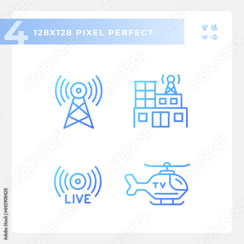 Pixel perfect gradient simple icons collection representing journalism, thin linear blue illustration.