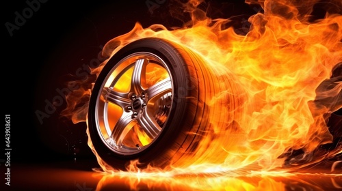 Car tire in fire background