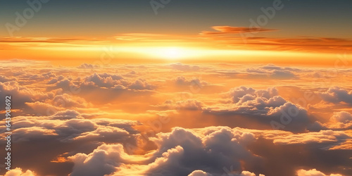 Beautiful sunset sky above clouds with dramatic light. Cabin view from airplane generative ai
