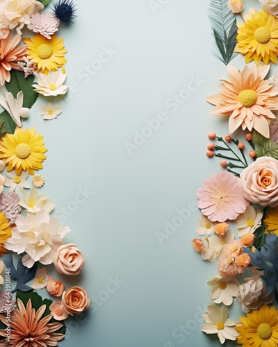 Creative layout made of flowers and leaves on a left and right border. Top view pattern of yellow flowers and blank copy space in the center