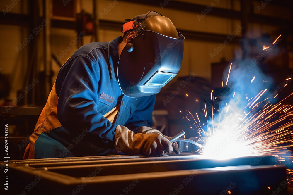 Metal welder steel working with electric arc welding machine in workshop.generative ai Metal welder steel working with electric arc welding machine in workshop.generative ai
