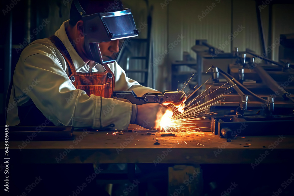 Metal welder steel working with electric arc welding machine in workshop.generative ai Metal welder steel working with electric arc welding machine in workshop.generative ai