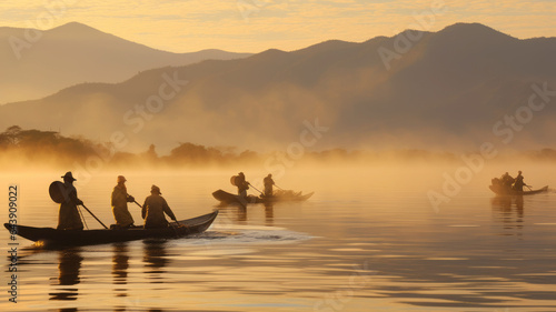 Image of people rowing boats to catch a lot of fish at Inle  Burma  morning light. generative ai