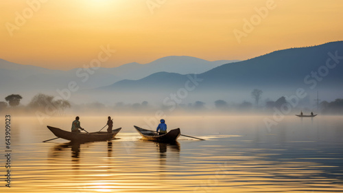 Image of people rowing boats to catch a lot of fish at Inle, Burma, morning light. generative ai