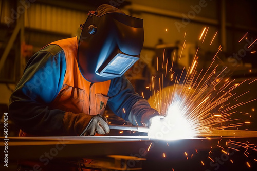 Metal welder steel working with electric arc welding machine in workshop.generative ai