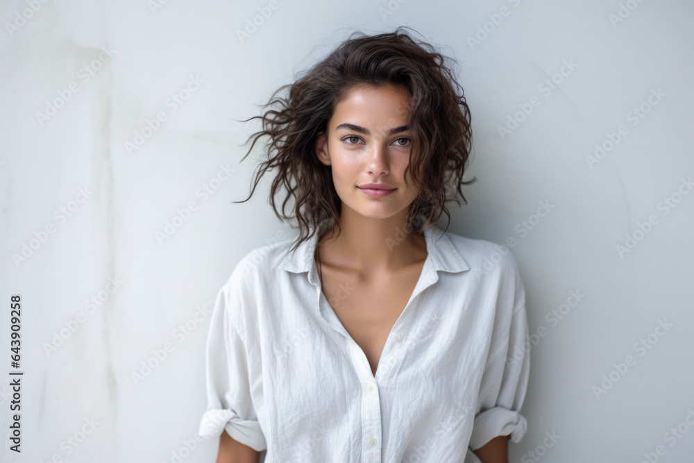Beautiful woman leaning against a white wall Beautiful woman leaning against a white wall