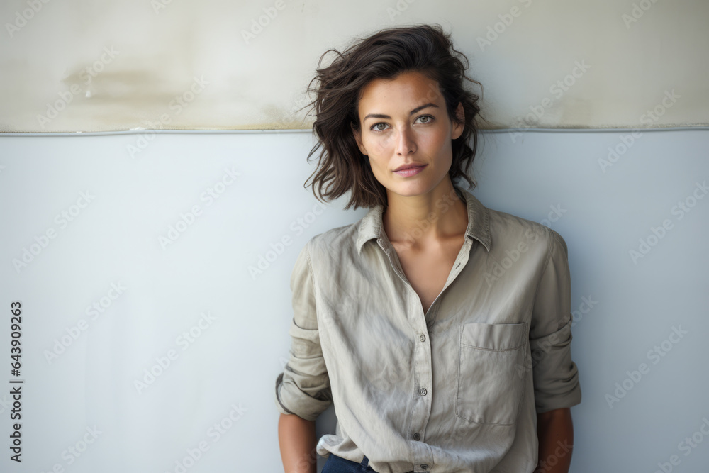 Beautiful woman leaning against a white wall Beautiful woman leaning against a white wall