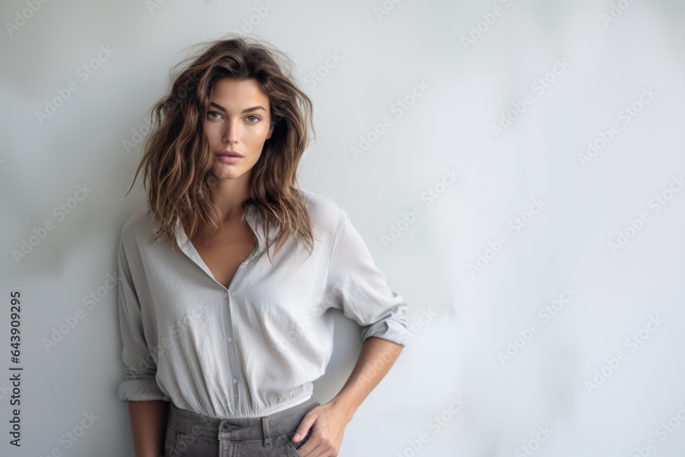 Beautiful woman leaning against a white wall Beautiful woman leaning against a white wall