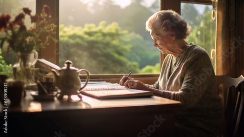 A senior woman sits by the window of her home in the morning writing.generative ai photo