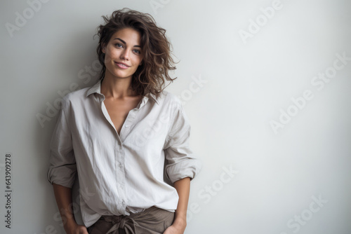 Beautiful woman leaning against a white wall