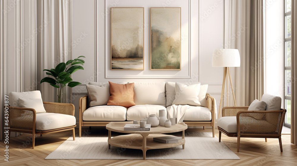 Fototapeta premium Stylish Living Room Interior Mockup, Modern Interior Design, 3D Render, 3D Illustration