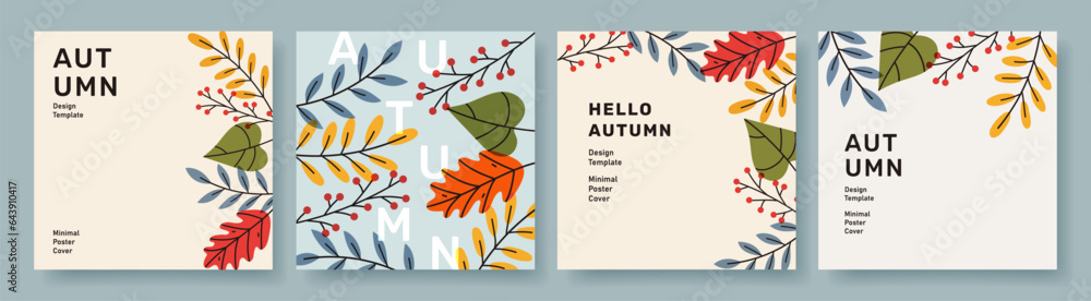 Set of trendy minimal autumn posters with bright beautiful leaves and ...