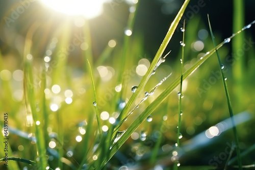 Water drops on a blade of grass. In the background a meadow blurred