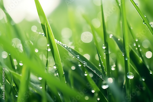 Water drops on a blade of grass. In the background a meadow blurred