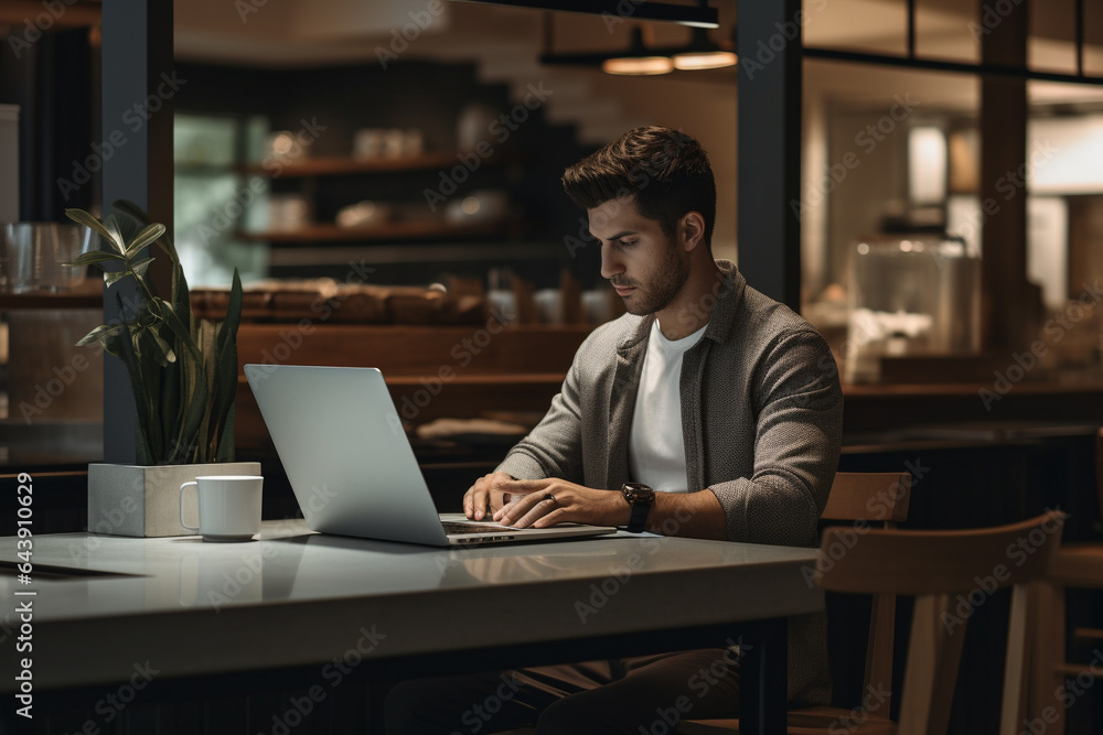 A man sitting at a table using a laptop computer, Generative AI A man sitting at a table using a laptop computer, Generative AI