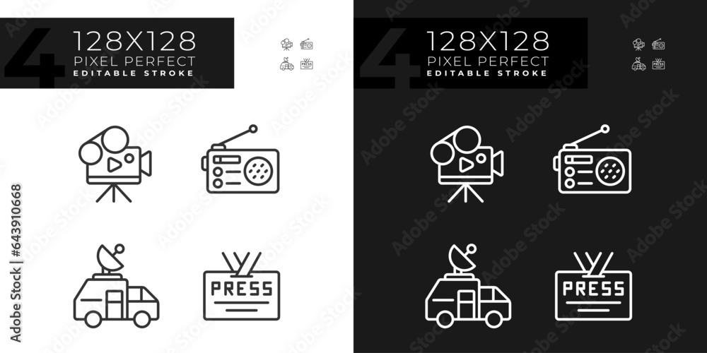 Pixel perfect dark and light icons set representing journalism, editable thin line illustration.