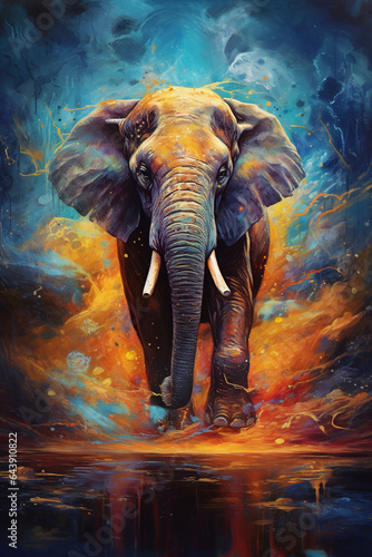 Majestic elephant surrounded abstract fractal elements, stunning artistic painting