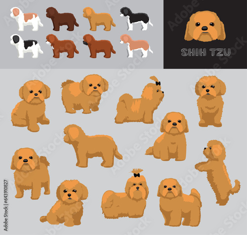 Fototapeta Naklejka Na Ścianę i Meble -  Dog Shih Tzu Blonde Brown Coat Cartoon Vector Illustration Color Variation Set