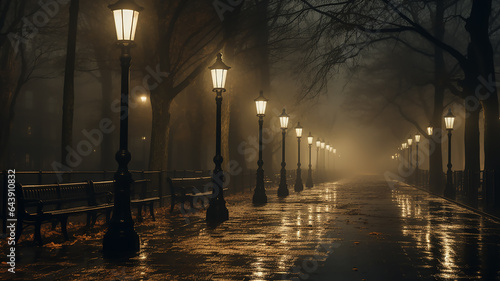 generated art landscape with street lights in the night autumn fog, fabulous picture silence mystery mist