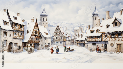 medieval city in winter, a picture of historical life in the style of old masters, engraving, painting on paper ink and ink