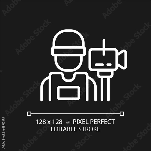 2D pixel perfect editable white cameraman icon, isolated vector, thin line illustration representing journalism.