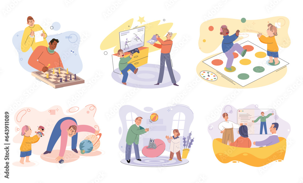 Game together. Family fun. Friendship time. Vector illustration. Family time becomes even more special when we engage in exciting board games People playing games together create joyful and vibrant