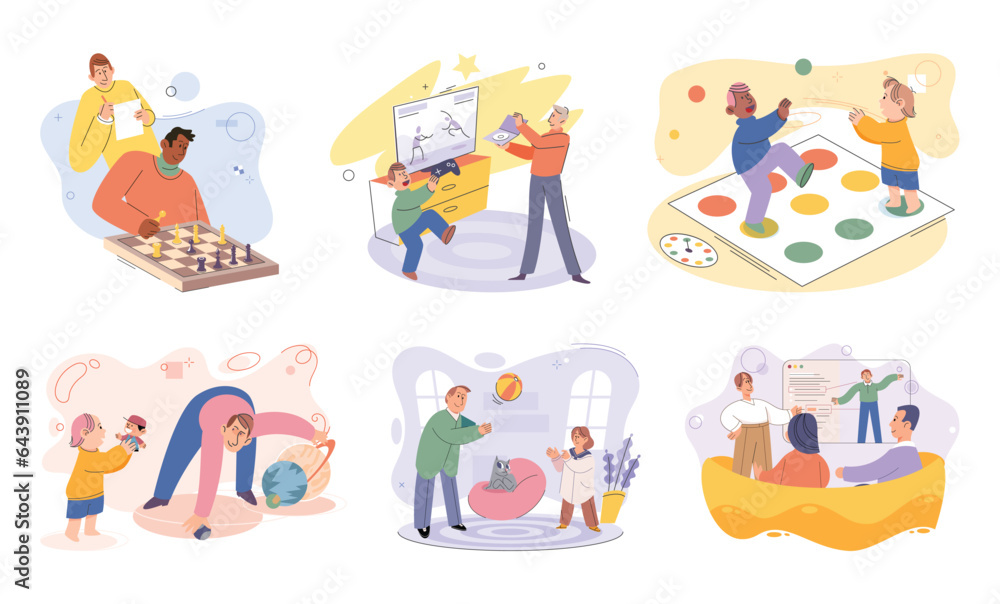 Obraz premium Game together. Family fun. Friendship time. Vector illustration. Family time becomes even more special when we engage in exciting board games People playing games together create joyful and vibrant