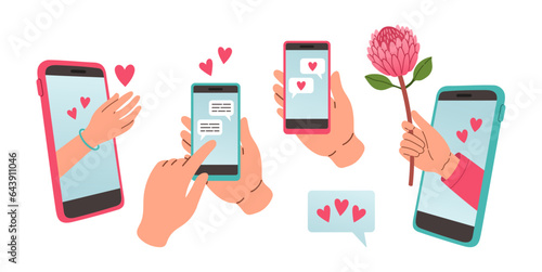 Love message set. Hand holding phone with love or like notification messages, Valentines day design concept