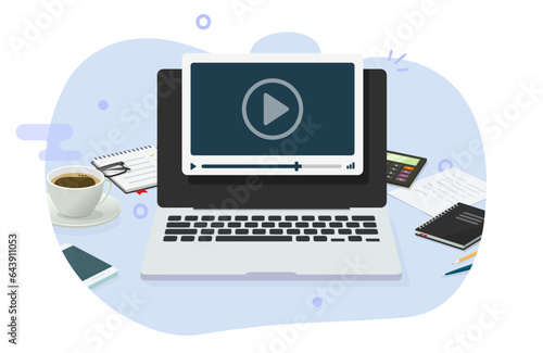 Video webinar learning training class watching on laptop computer pc vector icon illustration graphic, virtual digital education study learning school, internet elearning office work place table desk