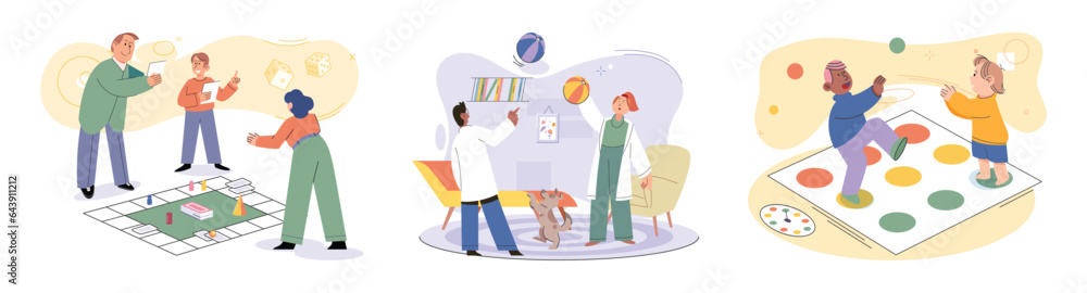 Game together. Family fun. Friendship time. Vector illustration. Playing games with friends strengthens bond and creates cherished memories Family game nights provide much-needed escape from daily