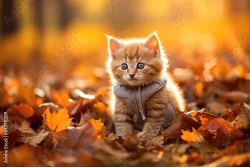 Cute cat at autumn garden. Generative AI