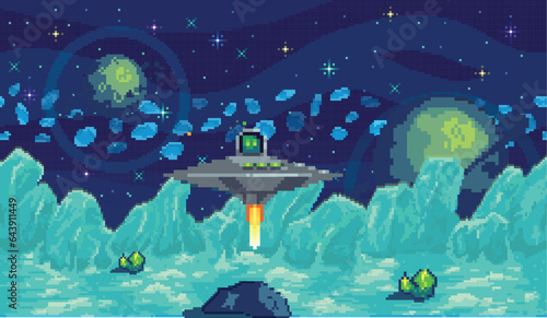 Space exploration illustration, fantasy alien landscape. Cartoon pixel art background. Horizontal cosmic banner. Another planet concept. Universe of spherical star objects. Pixelated location for game