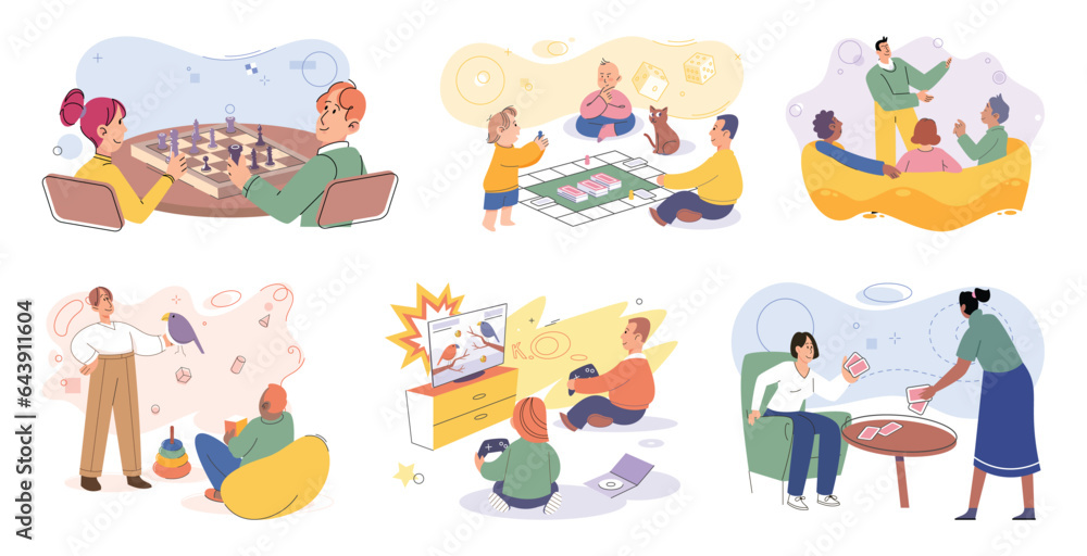 Obraz premium Game together. Family fun. Friendship time. Vector illustration. Playing games with family and friends treasured pastime that creates lasting memories Board games provide platform for people to