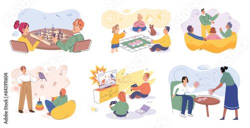 Game together. Family fun. Friendship time. Vector illustration. Playing games with family and friends treasured pastime that creates lasting memories Board games provide platform for people to © Dmytro