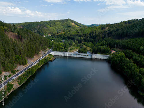big river with a high dam view from above