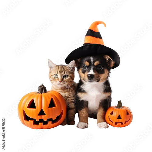 Cat and dog in halloween costumes with pumpkins isolated on transparent background © Nima