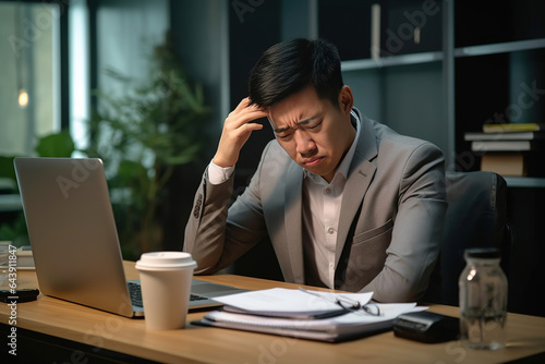 Stressed asian business man having headache while working on business. Man worker suffer migraines in office.