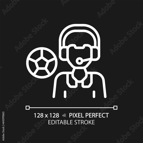 2D pixel perfect editable white sport newscaster icon, isolated vector, thin line illustration representing journalism.