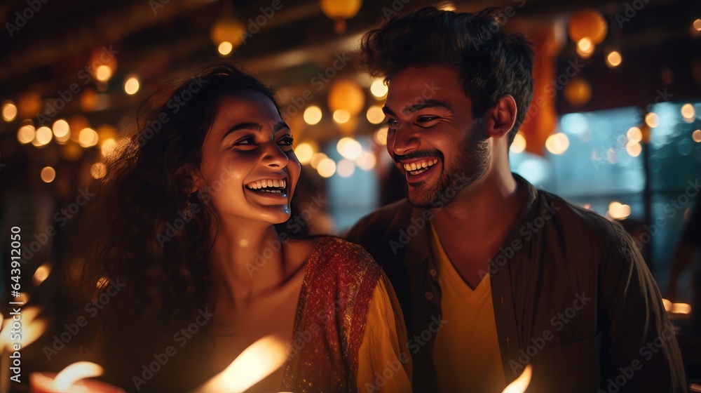 Smiling youthful joyous happy married couple celebrating Diwali together. Generative Ai.