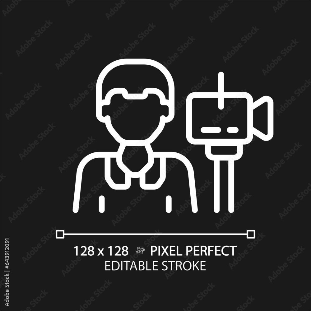 2D pixel perfect editable white cameraman icon, isolated vector, thin line illustration representing journalism.
