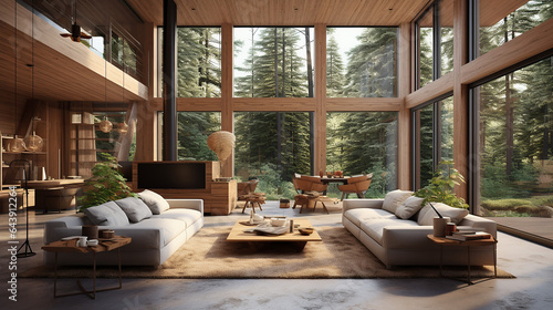 wooden house concept with chalet interior design of modern living room © pjdesign