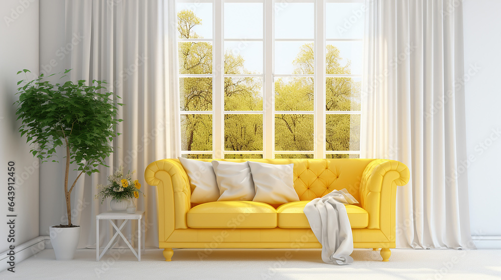 elegant luxury upholstered yellow loveseat sofa against window elegant luxury upholstered yellow loveseat sofa against window